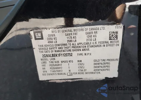 2015 Chevrolet Equinox 1Lt from USA, damaged, VIN 2GNALBEK1F1120752